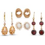 FOUR PAIRS OF 9CT GOLD EARRINGS, two gem set, gross weight 9.7 g.