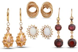 FOUR PAIRS OF 9CT GOLD EARRINGS, two gem set, gross weight 9.7 g.