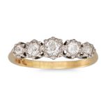 A FIVE STONE DIAMOND RING, mounted in platinum and 18ct yellow gold. Estimated: weight of