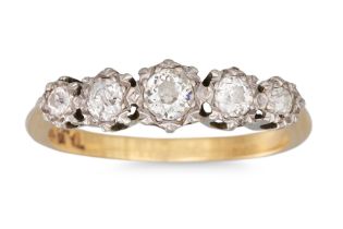 A FIVE STONE DIAMOND RING, mounted in platinum and 18ct yellow gold. Estimated: weight of