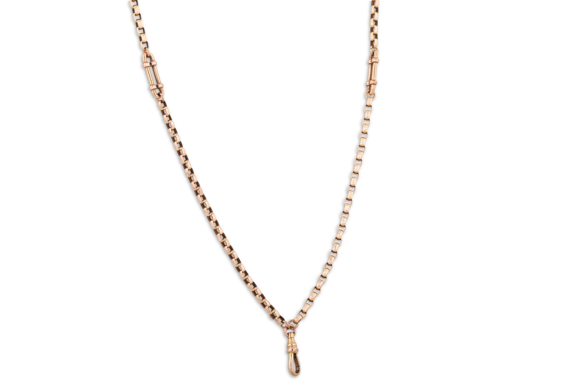 A VINTAGE 9CT ROSE GOLD BELCHER LINK NECK CHAIN, with two trombone link spacers, 29" long & 18.3 g.