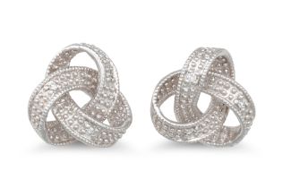 A PAIR OF DIAMOND SET EARRINGS, knot form, mounted in white gold