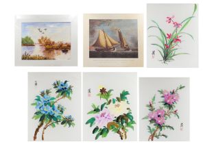 A SET OF WORKS ON FABRIC, depicting flowers, together with a water colour, signed M.P. Coole. etc.