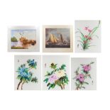 A SET OF WORKS ON FABRIC, depicting flowers, together with a water colour, signed M.P. Coole. etc.