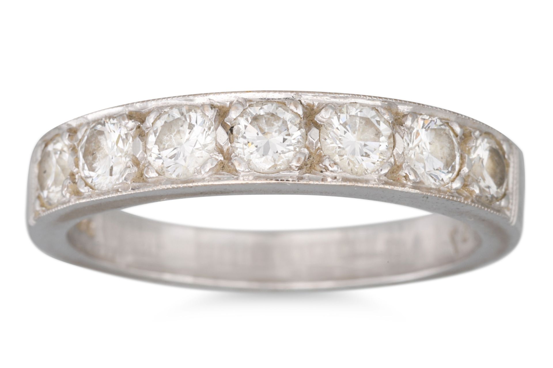 A DIAMOND HALF ETERNITY RING, the brilliant cut diamonds mounted in 18ct white gold, size M - N.