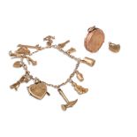 A 9CT GOLD CHARM BRACELET, various charms attached, 21 g.
