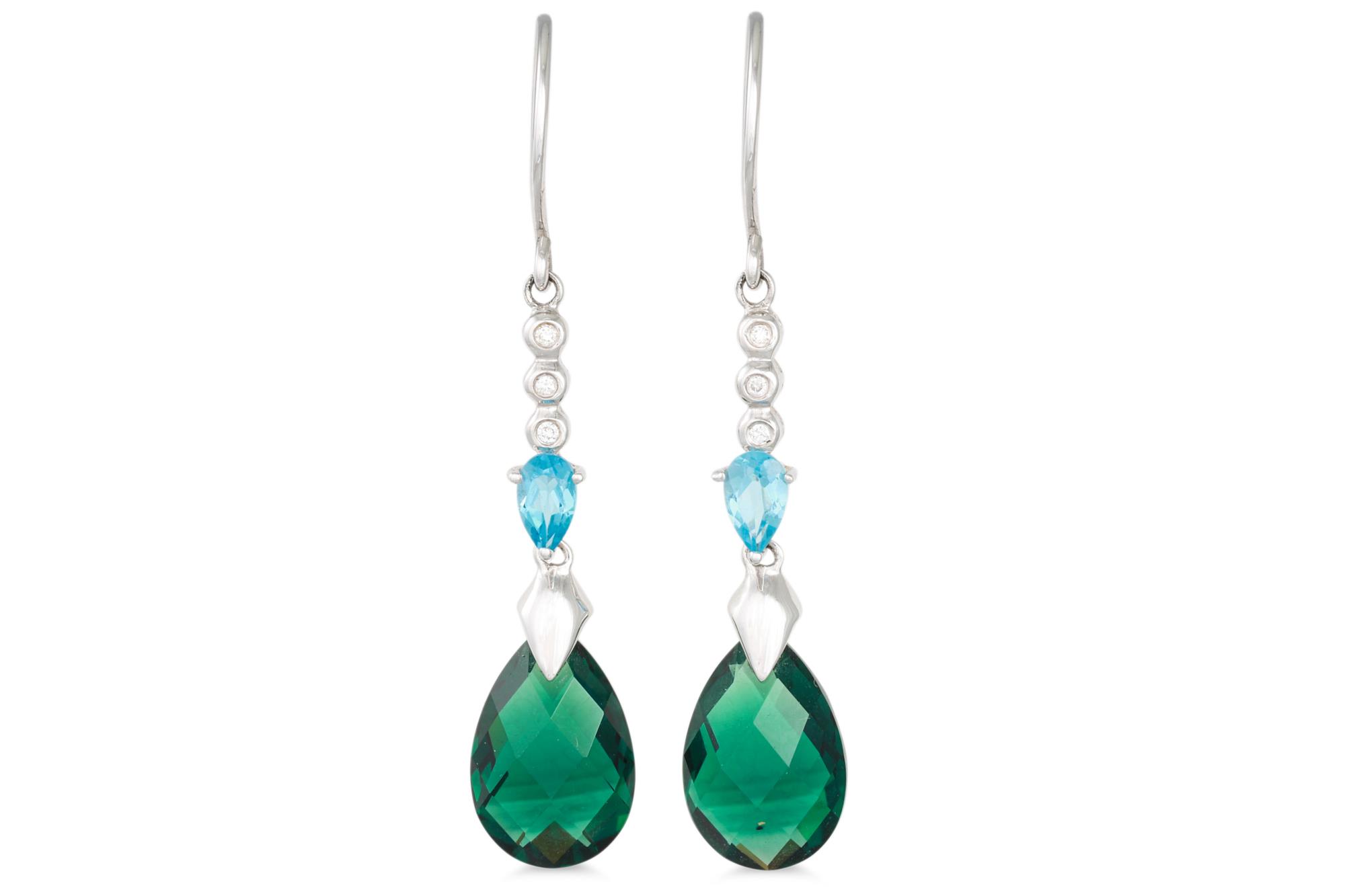 A PAIR OF TOPAZ AND GREEN GEMSTONE DROP EARRINGS, mounted in 18ct gold, with matching pendant - Image 2 of 3