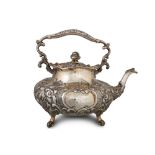 A MOST IMPRESSIVE WILLIAM IV SILVER TEA POT, of large proportions, decorated with floral repossi,