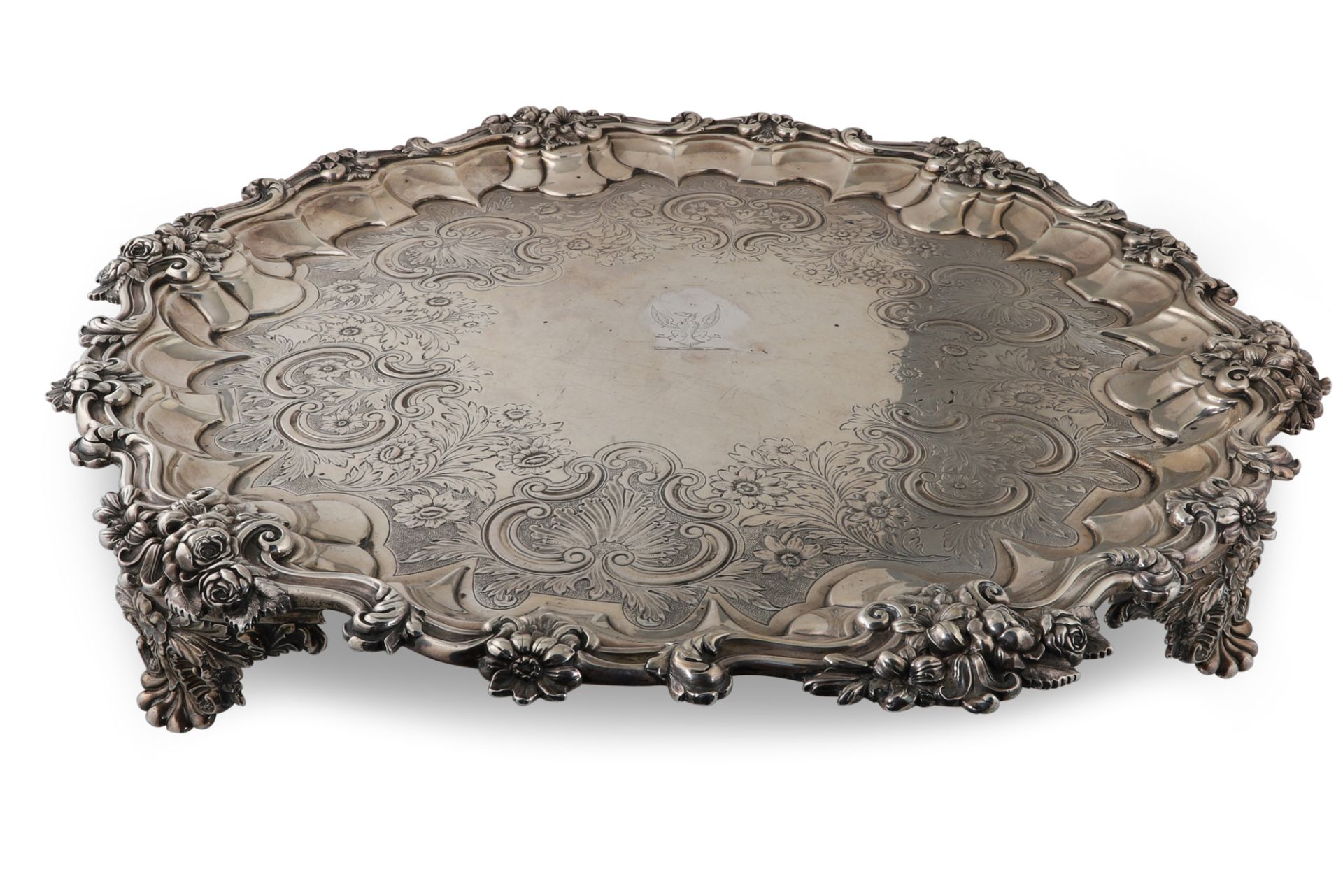 AN IMPRESSIVE WILLIAM IV CIRCULAR SILVER SALVER, with chased & engraved floral decoration, raised