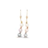 A PAIR OF TRI-COLOUR PEARL DROP EARRINGS, mounted in 14ct gold, grey, pink & cream tones