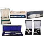 A CASED BONE HANDLED CARVING SET, together with a boxed serving cutlery, (EPNS) cased pastry