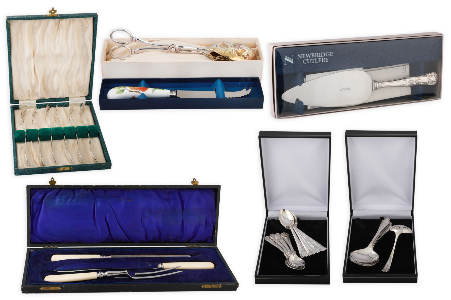 A CASED BONE HANDLED CARVING SET, together with a boxed serving cutlery, (EPNS) cased pastry