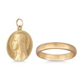 A 9CT GOLD “LOURDES” MEDALLION, together with a 9ct gold band ring, 12.3 g.