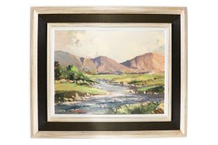 GEORGE GILLESPIE (IRL 1924–1995) “Owenmore river and Bens”, Connemara, Co. Galway, ca 1985, oil on