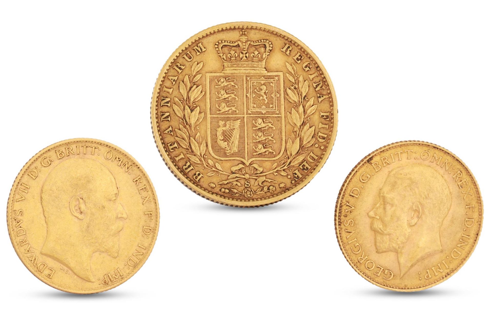 AN 1877 ENGLISH FULL SOVEREIGN VICTORIAN GOLD COIN, plus two half sovereign , 1910 & 1918 GV, both - Image 2 of 2