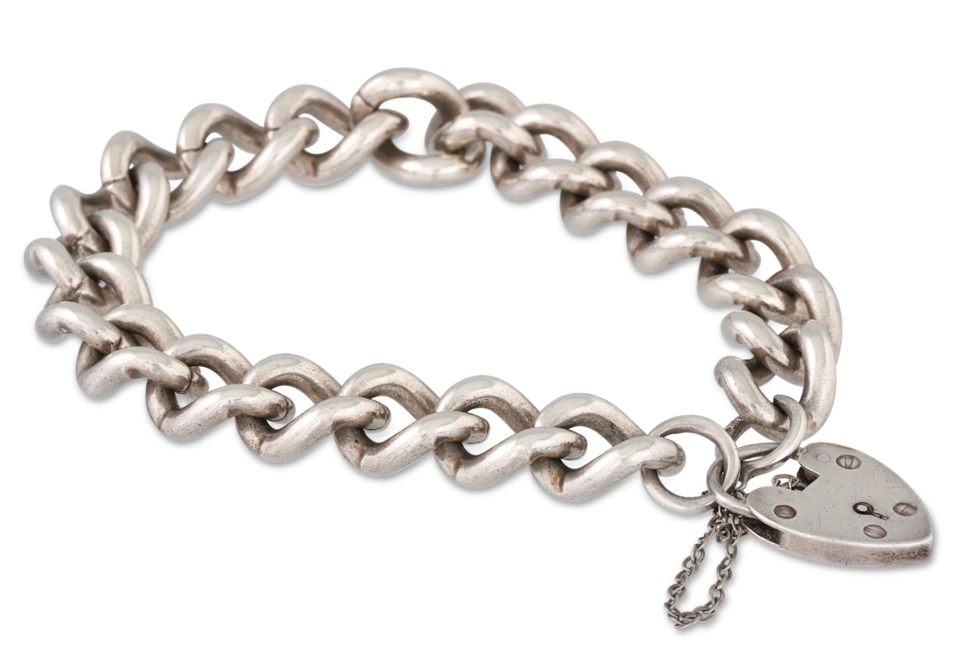 AN ANTIQUE SILVER CURB BRACELET, with padlock