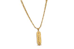 AN 18CT GOLD FANCY LINK NECK CHAIN, together with a gold Egyptian pendant, 18 g.