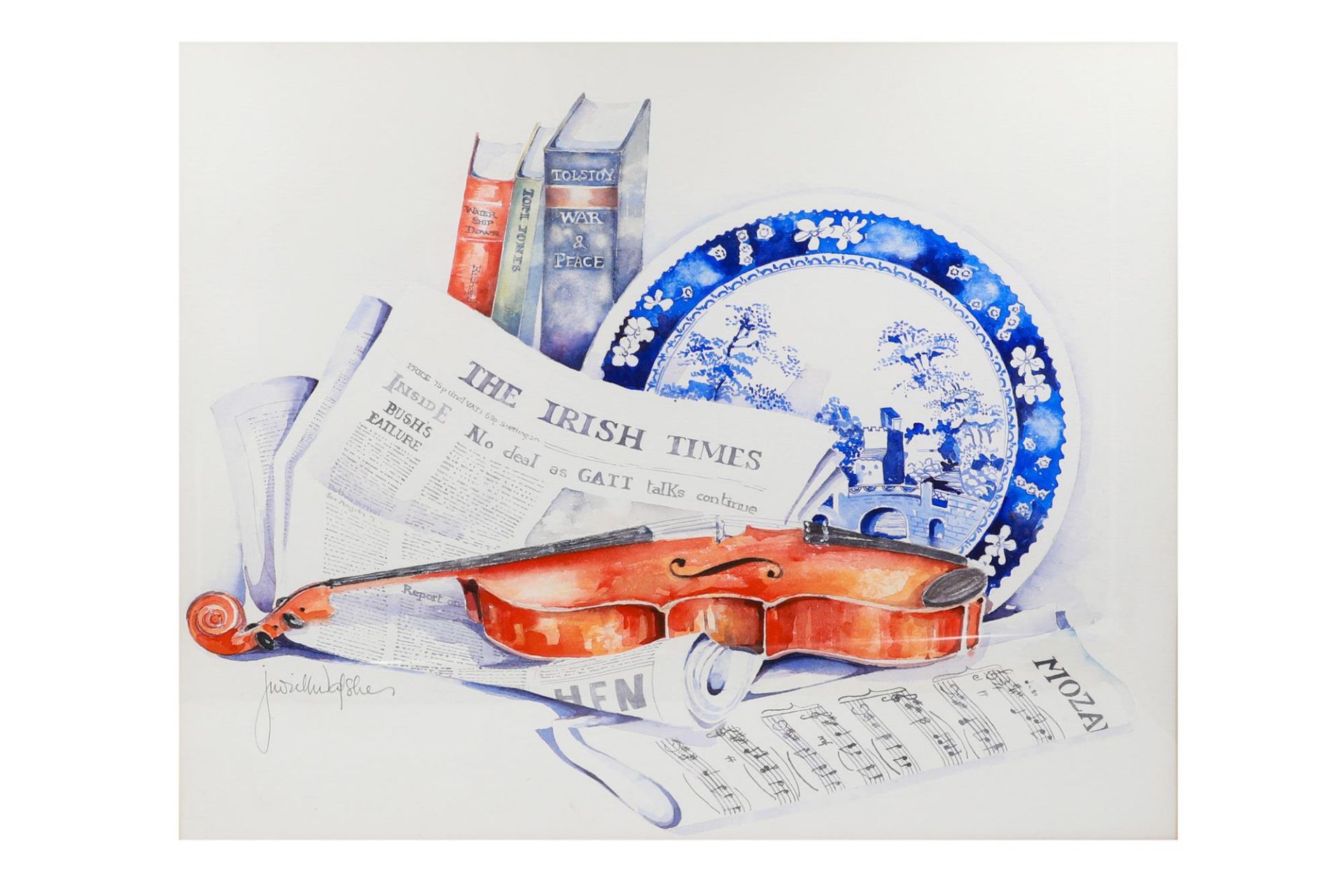 JUDITH WALSHE (IRL Contemporary) untitled, still life, depicting a copy of the Irish Times and a - Bild 2 aus 3