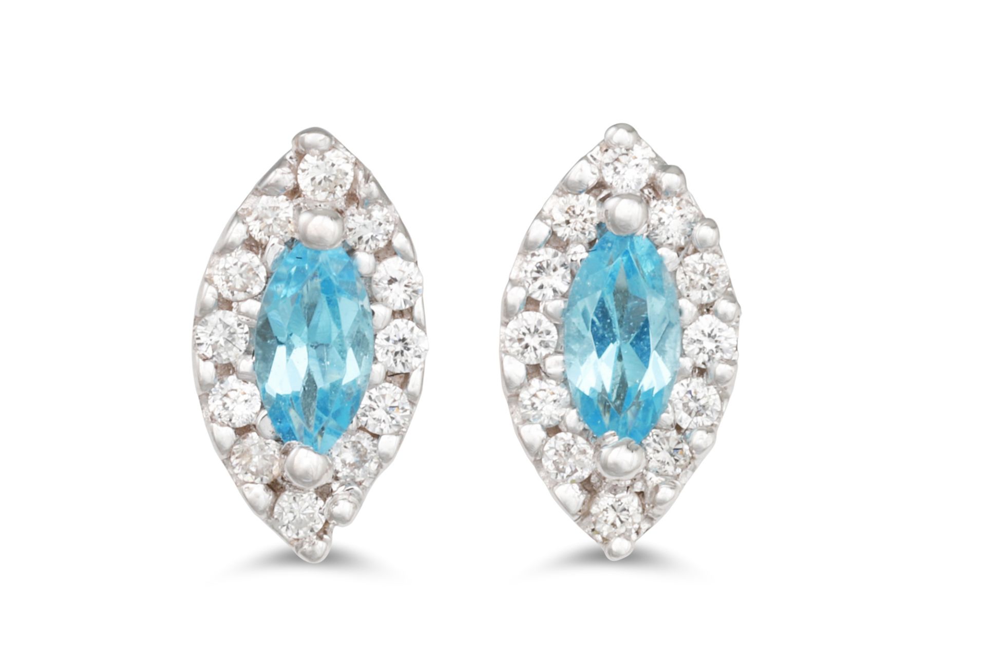 A PAIR OF DIAMOND AND TOPAZ CLUSTER EARRINGS, the marquise cut topaz to diamond surround, mounted in