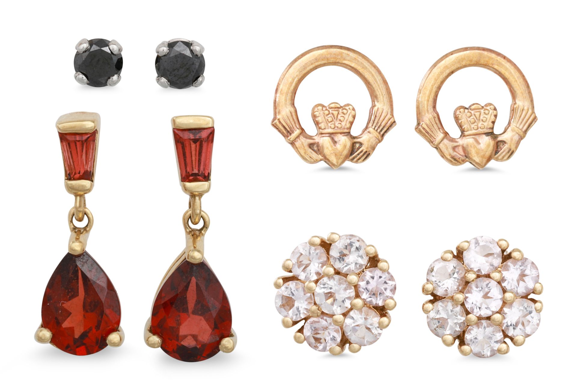 A COLLECTION OF FOUR PAIRS OF 9CT GOLD EARRINGS, gem set