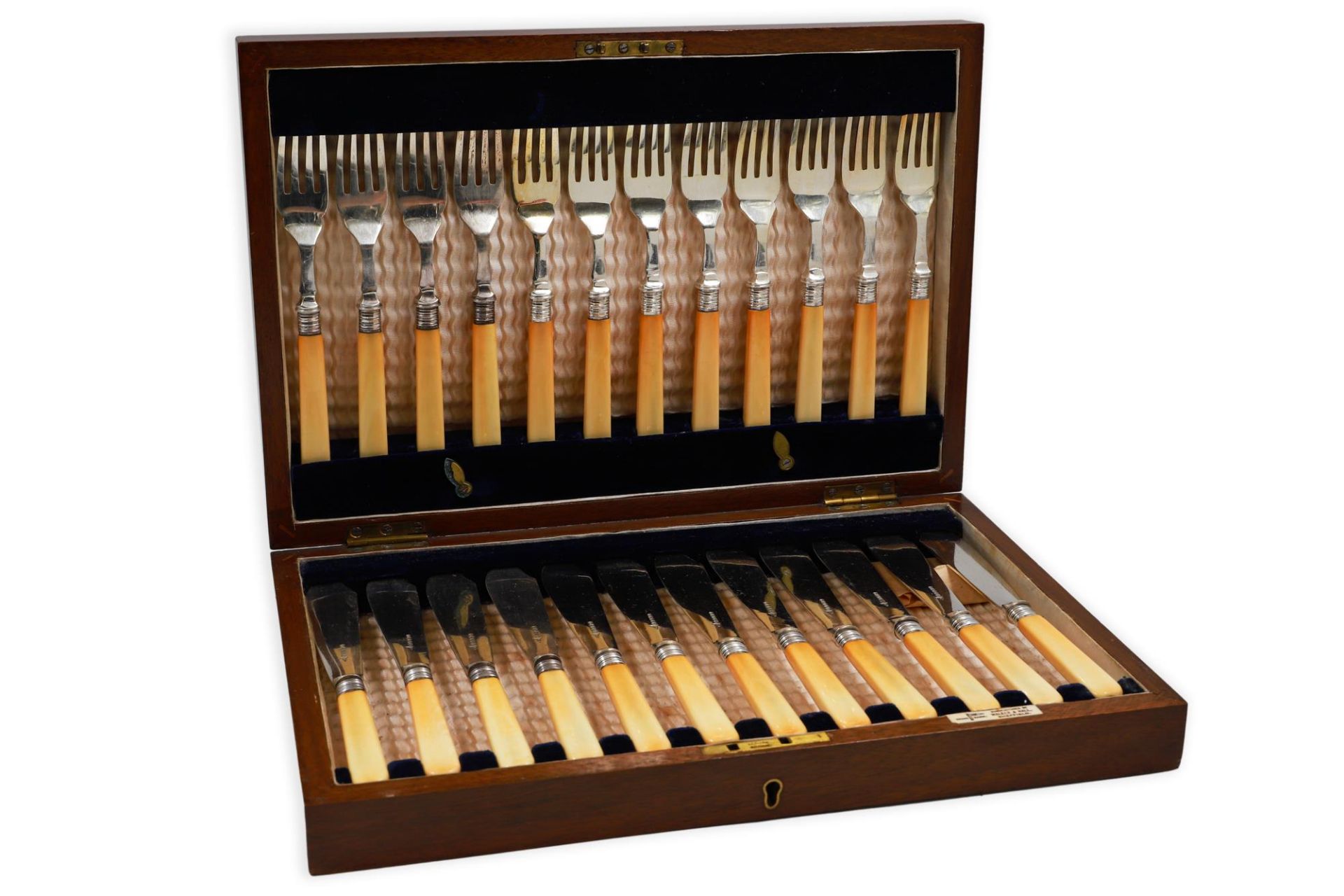 A GEORGE V MAHOGANY CASED SET OF TWELVE SILVER PLATED FISH KNIVES AND FORKS, bone handles By - Image 2 of 2