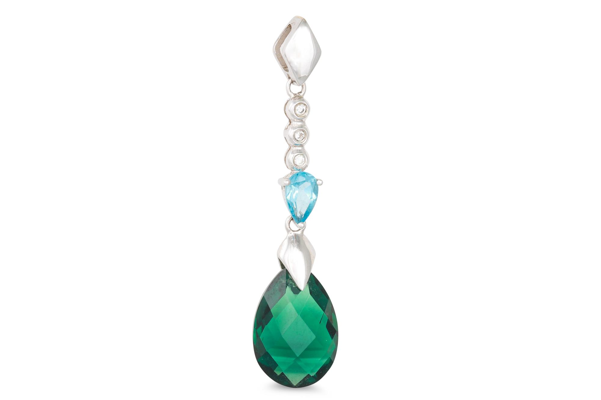 A PAIR OF TOPAZ AND GREEN GEMSTONE DROP EARRINGS, mounted in 18ct gold, with matching pendant - Image 3 of 3