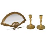 AN EDWARDIAN STYLE FAN SHAPED BRASS TABLE MIRROR, on a brass stand, together with a pair of brass