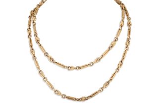 A 9CT YELLOW GOLD SOLID TROMBONE LINK NECK CHAIN, ca 29" long, 47.7 g.