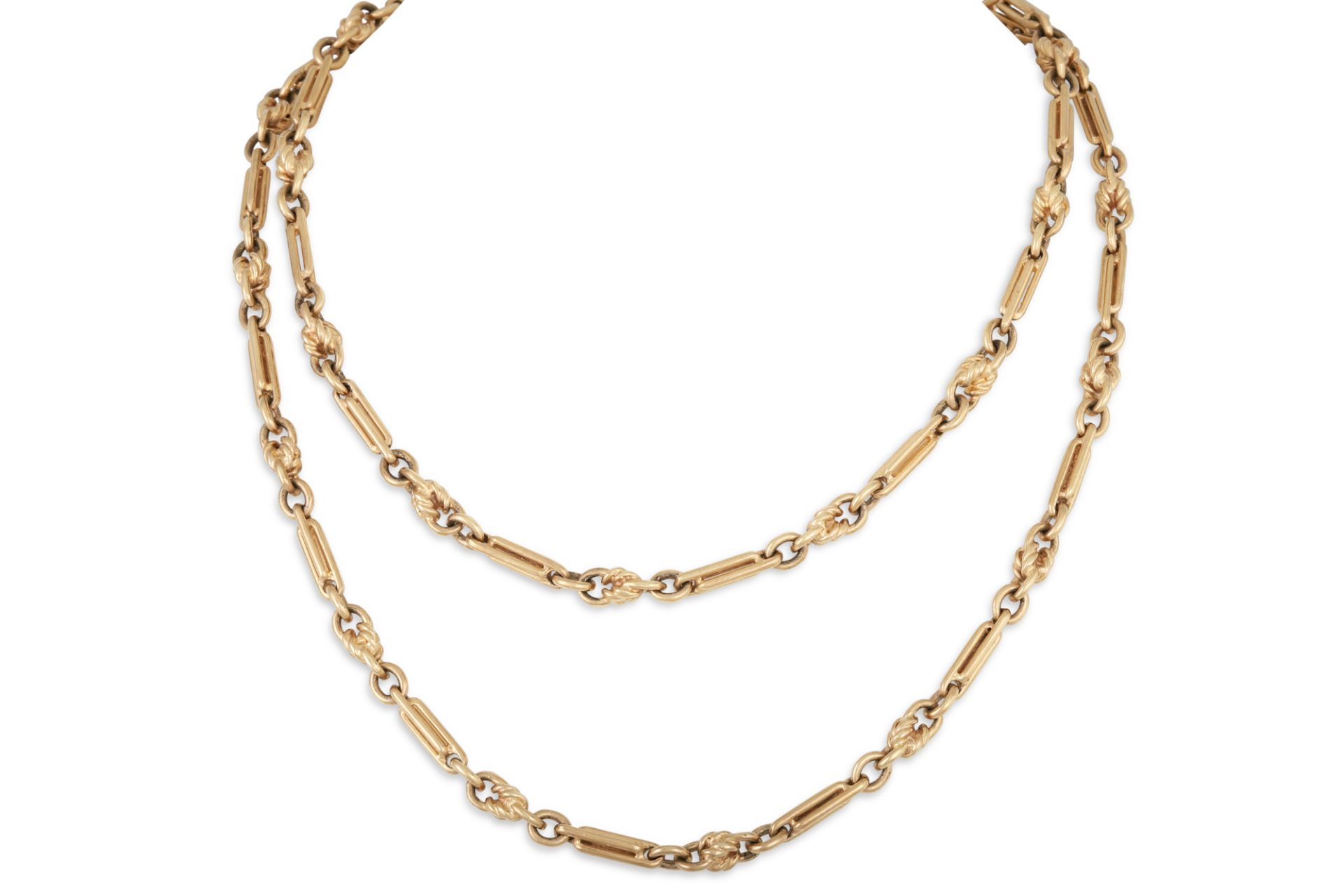 A 9CT YELLOW GOLD SOLID TROMBONE LINK NECK CHAIN, ca 29" long, 47.7 g.