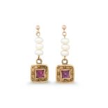 A PAIR OF CULTURED PEARL AND AMETHYST DROP EARRINGS, mounted in 9ct yellow gold
