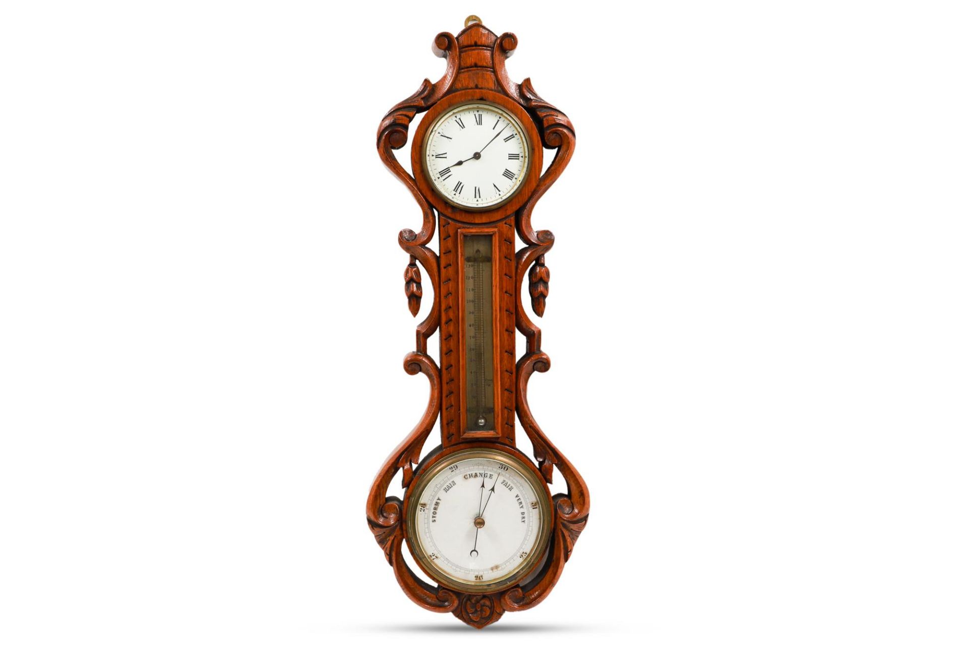 AN EDWARDIAN BANJO BAROMETER, the carved oak frame containing a clock, thermometer and aneroid - Bild 3 aus 5