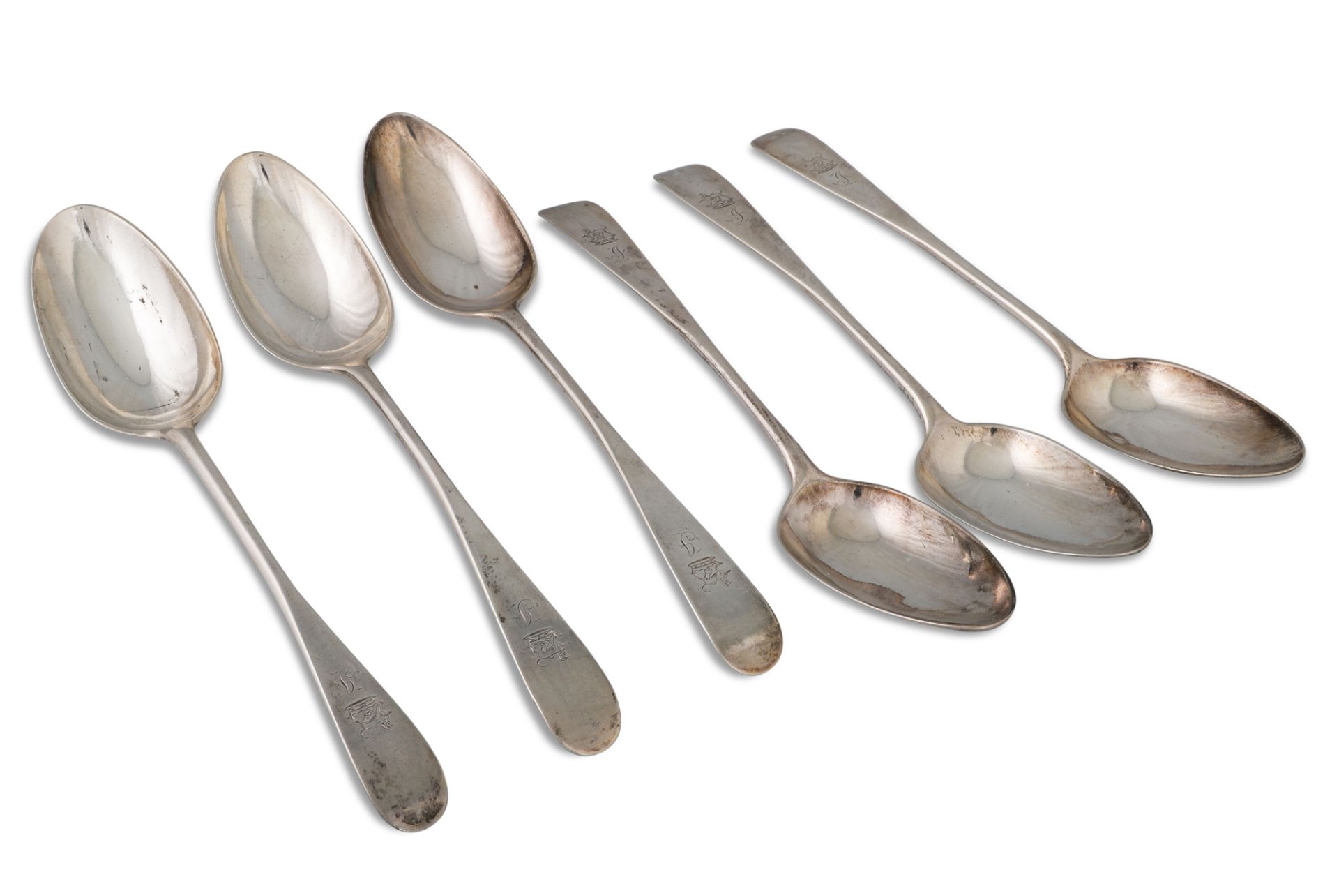 A FINE QUALITY SET OF SIX GEORGE III SCOTTISH SILVER TABLE SPOONS, crested Edinburgh 1792, by Robert