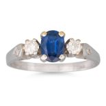 A THREE STONE SAPPHIRE AND DIAMOND RING, mounted in 18ct white gold, size P
