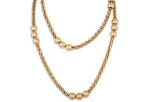 A ROPE LINK NECKLACE, 9ct gold with beaded spacers, ca 31" long, 41.5 g.