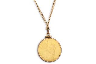 A 1908 AMERICAN EAGLE GOLD COIN $10. half oz VF with a 14 kt, 15 g. gold chain, total weight 32 g.