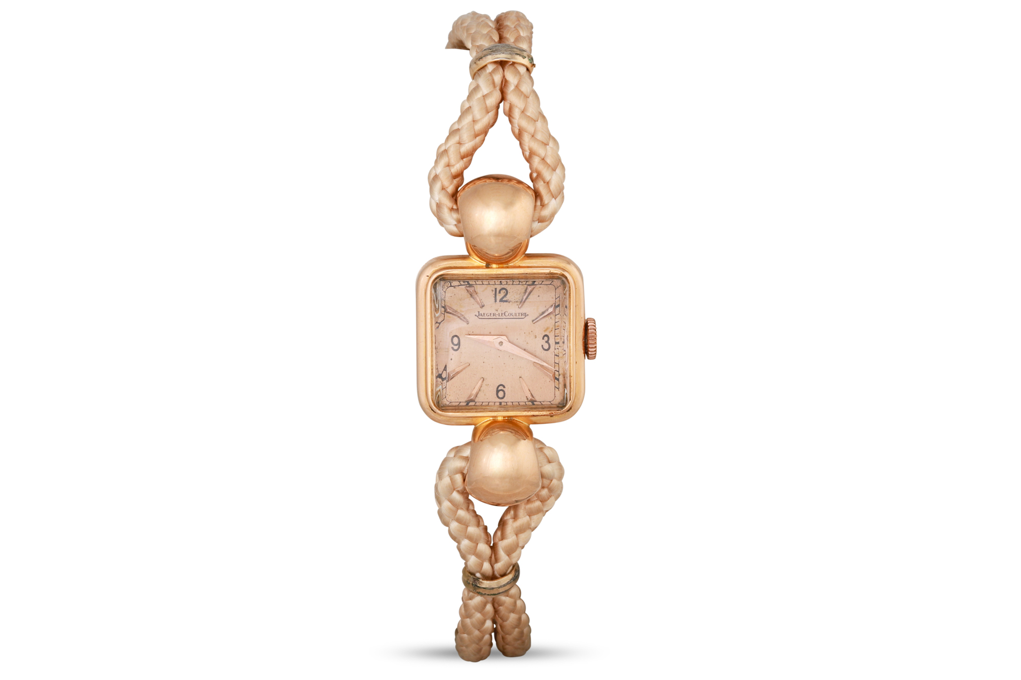 A MID 20TH CENTURY JAEGER LE COULTRE 18CT GOLD LADY'S WRISTWATCH, rose gold coloures dial, baton