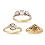 A VINTAGE THREE STONE DIAMOND DRESS RING, mounted in 18ct gold, together with a vintage diamond four