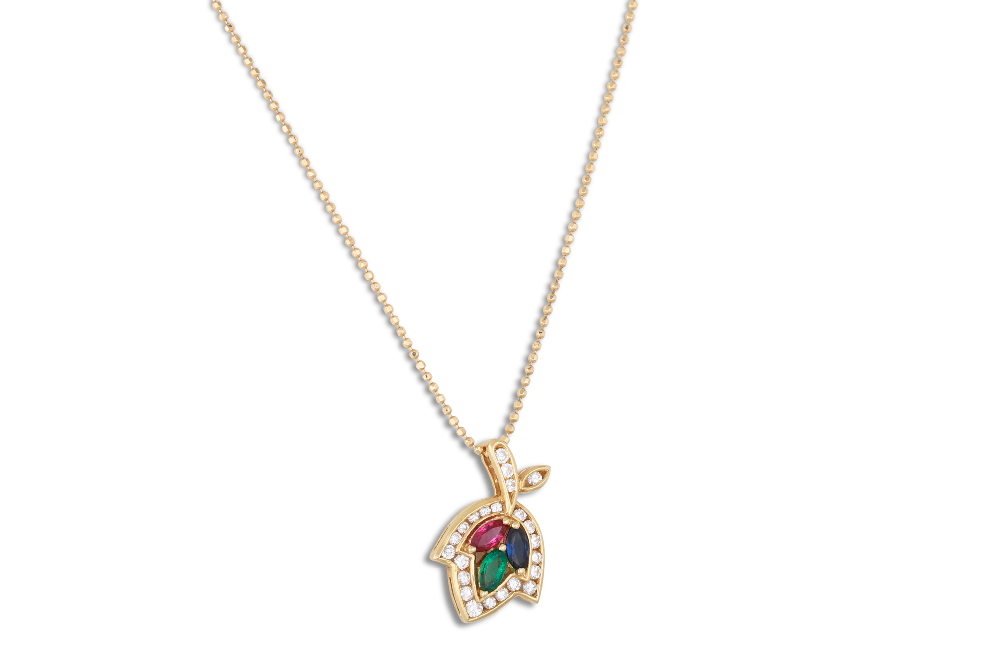 AN EMERALD, RUBY, SAPPHIRE AND DIAMOND PENDANT, mounted in 14ct yellow gold, on a chain.