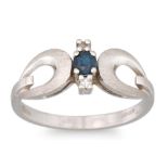 A DIAMOND AND SAPPHIRE CLUSTER RING, the oval sapphire to diamond surround, mounted in 18ct white