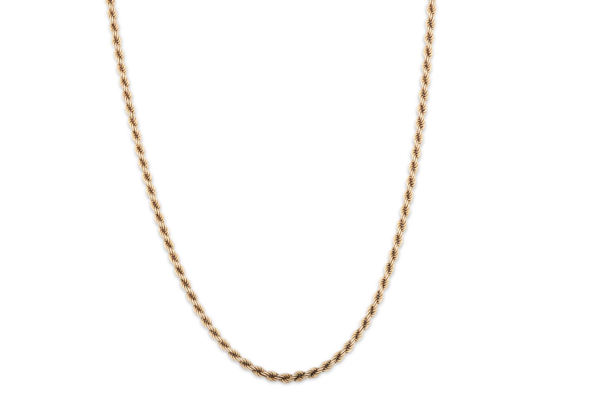 A 9CT GOLD ROPE LINK NECK CHAIN, 22.8 g.