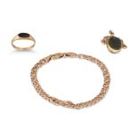 A 9CT GOLD FANCY FLAT CURB LINK BRACELET, 2.9 g. together with a 9ct gold swivel fob of bloodstone/