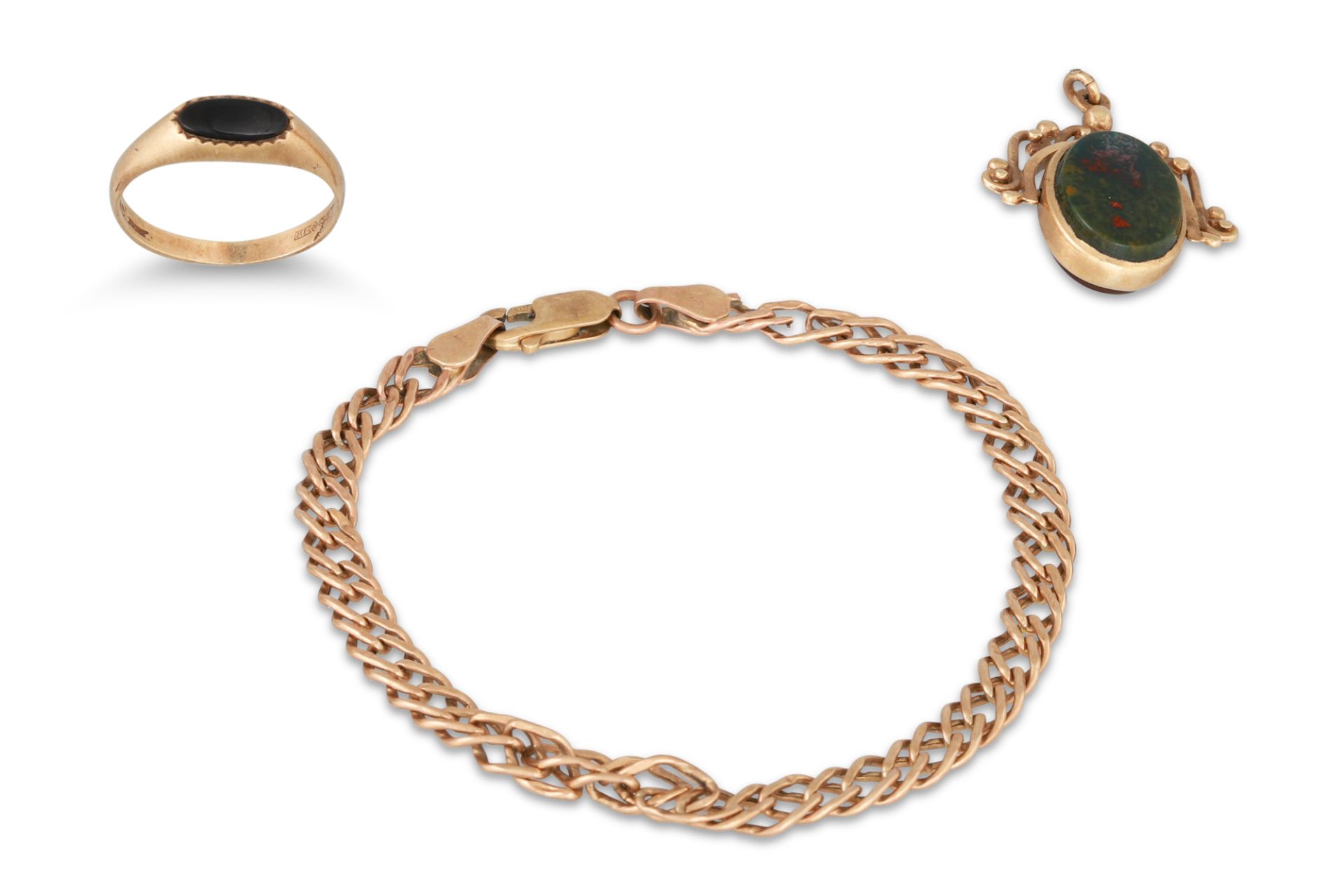 A 9CT GOLD FANCY FLAT CURB LINK BRACELET, 2.9 g. together with a 9ct gold swivel fob of bloodstone/