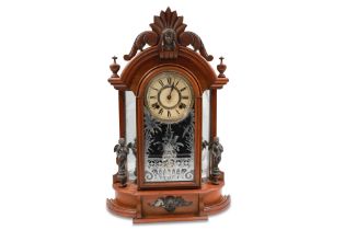 A 19TH CENTURY USA ANSONIA 1878 CARVED WOODEN MANTEL CLOCK, of very large proportions with applied