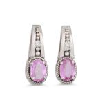A PAIR OF DIAMOND AND PINK SAPPHIRE EARRINGS, the oval sapphire to diamond surround mounted in white
