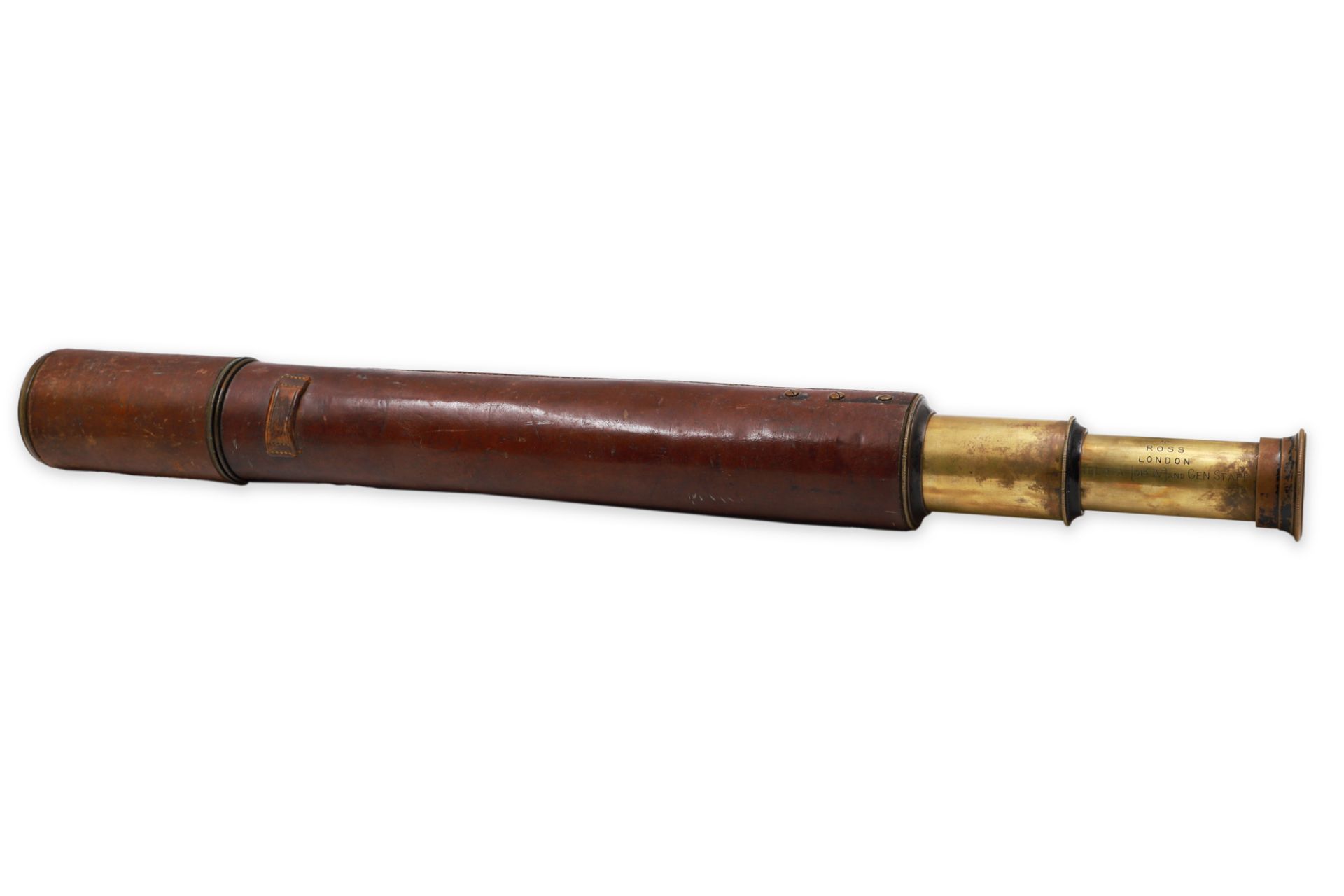 AN EARLY 20TH CENTURY ROSS (LONDON) MILITARY TELESCOPE, leather-bound, brass stamped, "Ross London