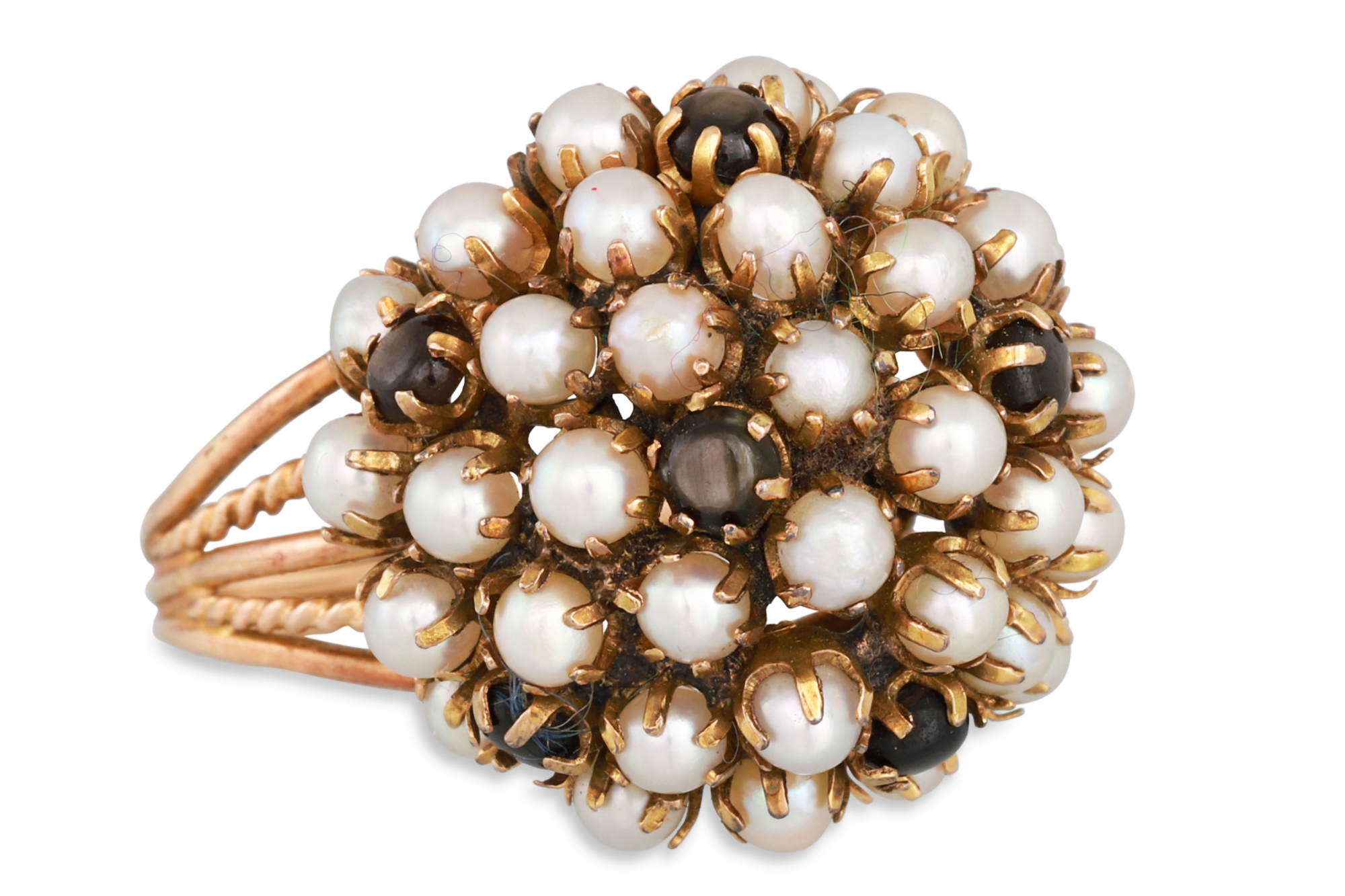 A CULTURED PEARL RING, bombé style, mounted in gold, size O, 8.3 g.