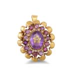 AN ANTIQUE AMETHYST AND PEARL BROOCH, the central amethyst to a pearl and amethyst surround, to a