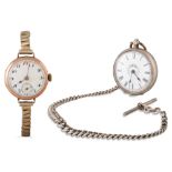 A 9CT GOLD LADY'S WRISTWATCH, expanding bracelet, together with a silver lady's pocket watch &