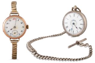 A 9CT GOLD LADY'S WRISTWATCH, expanding bracelet, together with a silver lady's pocket watch &