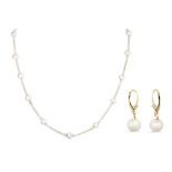 A PAIR OF CULTURED PEARL EARRINGS, together with a string of river pearls, earrings stamped 14 ct